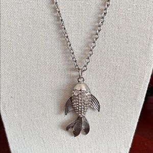 Silver and Rhinestone Fish Pendant Necklace #433